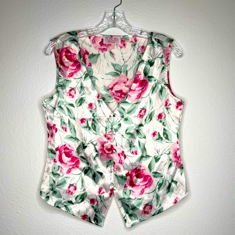 Honors Intimates Vintage White Satin Button‎ Up Rose Floral Vest Women’s Size L